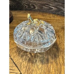 Vintage Cut Crystal Trinket Dish with Gold Horse‎ Finial Equestrian Jewelry Box